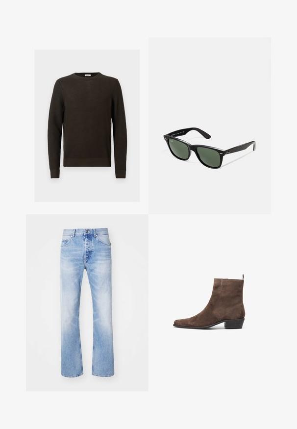 Barna vászon dzseki arany cipzárral, kordbársony gallérral, bal melletti zsebbel márkázott folttal, és rejtett cipzáros oldalzsebekkel.; Sötétbarna kötött pulóver texturált mintával, kerek nyakkivágással és bordás mandzsettákkal. Lazább szabású, díszítések nélkül.; Világoskék farmernadrág egyenes szárú fazonnal, klasszikus öt zsebes stílussal és enyhe kopott mintázattal.; Barna velúr bokacsizma hegyes orral, alacsony blokk sarkal és háttal ellátott húzófüllel a könnyű felvétel érdekében. Sima textúrával és egyszerű dizájnnal rendelkezik.; Fekete műanyag napszemüveg zöld lencsékkel, négyzet alakú kerettel, ezüst díszítéssel a keret felső részén, valamint texturált szárakkal. A márka neve a belső száron található.