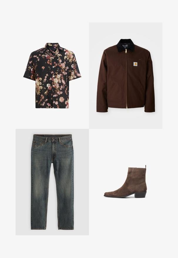 Brun kanvasjakke med gullglidelås, kordfløyelskrage, venstre brystlomme med logo-patch, og sidelommer med skjulte glidelåser.; Kortermet svart skjorte med blomstermønster i nyanser av rosa, krem og burgunder. Laget av lette materialer med knappefeste.; Blå denimjeans med rett bendesign, som har en klassisk fem-lommers stil, sømdetaljer og en lett falmet finish.; Brune semsket ankelstøvel med spiss tå, lav blokkheel, og en pull-loop bak for enkel påkledning. Glatt tekstur og enkelt design.