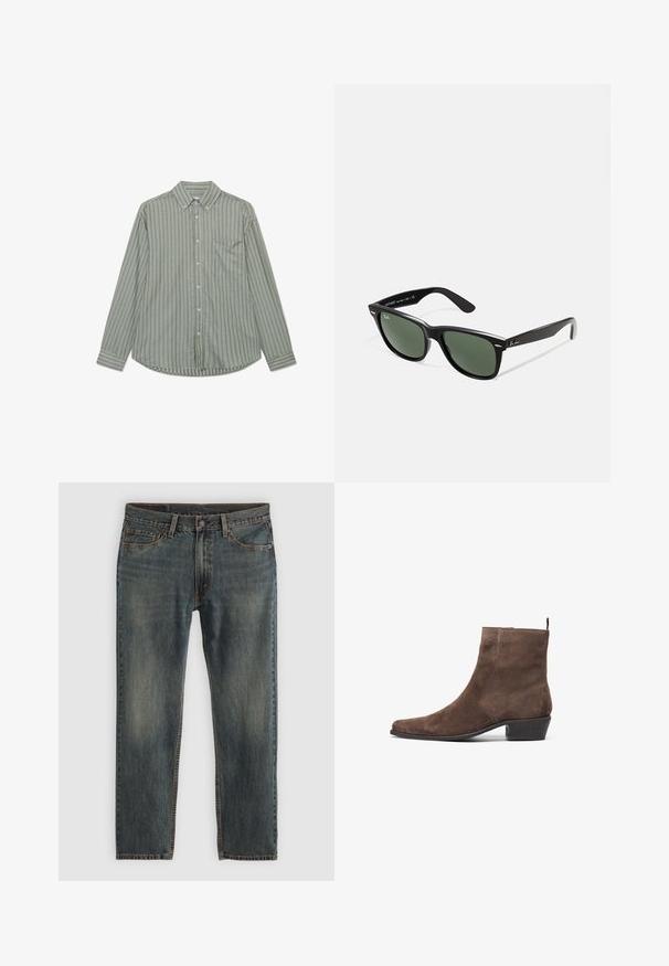 Jachetă din pânză maro, cu fermoar aurie, guler din catifea, buzunar pe pieptul stâng cu o aplicație logo și buzunare laterale cu fermoare ascunse.; Cămașă cu mâneci lungi, în verde măslin, cu dungi verticale albe, guler standard și un buzunar pe piept, pe partea stângă.; Jeans din denim albastru cu un design drept, având un stil clasic cu cinci buzunare, accente de cusătură și o finisare ușor decolorată.; Botine din suede maro cu vârf ascuțit, toc mic și bloc, și o buclă în spate pentru a fi ușor de purtat. Textură netedă și design simplu.; Ochelari de soare din plastic negru cu lentile verzi, rame pătrate, accent argintiu pe sprânceană și brațe texturate. Marca este menționată pe brațul interior.