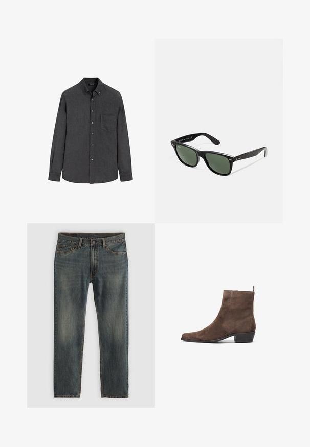 Brun canvasjakke med en gylden lynlås, fløjlskrage, venstre brystlomme med logo-patch og sidelommer med skjulte lynlåse.; Mørkegrå langærmet skjorte med knapper og brystlomme samt knappet krave, præsenteret på hvid baggrund.; Blå denimjeans med lige ben, der har en klassisk fem-lomme stil, syninger som accentuerer designet, og en let falmet overflade.; Brune suede ankelstøvle med spidse tå, lav blok hæl og en løkke bagpå for nem påklædning. Glat tekstur og enkelt design.; Sorte plastiksolkaber med grønne linser, firkantede stel, sølvaccent på brynene og teksturerede templede arme. Angivet mærke på den indre arm.