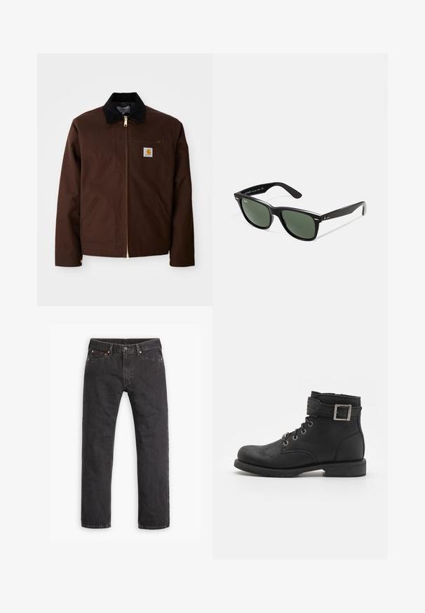 Chaqueta de lona marrón con cremallera dorada, cuello de pana, bolsillo en el pecho izquierdo con parche de logo y bolsillos laterales con cremalleras ocultas.; Camiseta gris de manga corta, hecha de un tejido suave y ligero. Con dobladillo recto, diseño clásico de cuello redondo y una sutil textura jaspeada.; Jeans de mezclilla negros de pierna recta con cinco bolsillos, cierre de botón y remaches de cobre, dispuestos en plano sobre un fondo blanco.; Botín negro de cuero hasta el tobillo con diseño de cordones, herrajes metálicos y una correa lateral con detalle de hebilla. Suela resistente y textura suave.; Gafas de sol de plástico negro con lentes verdes, montura cuadrada, acento plateado en la ceja y brazos texturizados. Marca indicada en el brazo interno.