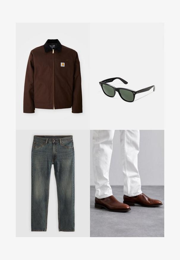 Brązowa kurtka z płótna z złotym zamkiem błyskawicznym, kołnierzem z sztruksu, lewą kieszenią na klatkę piersiową z naszywką logo oraz bocznymi kieszeniami z ukrytymi zamkami.; Szara koszulka z krótkim rękawem, wykonana z miękkiego, lekkiego materiału. Prosty krój dolnej krawędzi, klasyczny dekolt typu crew neck oraz subtelna tekstura melanżowa.; Niebieskie dżinsy o prostym kroju nogawki, z klasycznym pięciopocketowym stylem, akcentami w postaci przeszyć oraz lekko wyblakłym wykończeniem.; Brązowe skórzane buty wsuwane o gładkim wykończeniu, w szpic, z płaską podeszwą, zestawione z białymi spodniami o slim fit.; Czarne plastikowe okulary przeciwsłoneczne z zielonymi szkłami, kwadratowe oprawki, srebrny akcent na brwi oraz fakturowane ramiona temple. Nazwa marki podana na wewnętrznej stronie ramion.