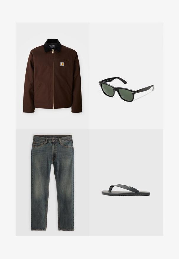 Hnědá plátěná bunda s kovovým zipem, kordurovým límcem, kapsou na levé hrudi se štítkem s logem a bočními kapsami se skrytými zipy.; Šedé tričko s krátkým rukávem vyrobené z jemné, lehké látky. Rovný lem, klasický design s kulatým výstřihem a jemná melírovaná textura.; Modré džíny z denimové látky se střihovým návrhem rovného nohavice, v klasickém pětikošilkovém stylu, s akcenty prošití a mírně vybledlým povrchem.; Černé žabky s texturovanými popruhy, plochou podrážkou a zoubkovaným okrajem. Vyrobené z gumy s hladkým povrchem a minimalistickým designem.; Černé plastové sluneční brýle se zelenými skly, čtvercové obroučky, stříbrný detail na obočí a texturované stranice. Značka uvedená na vnitřní straně stranic.