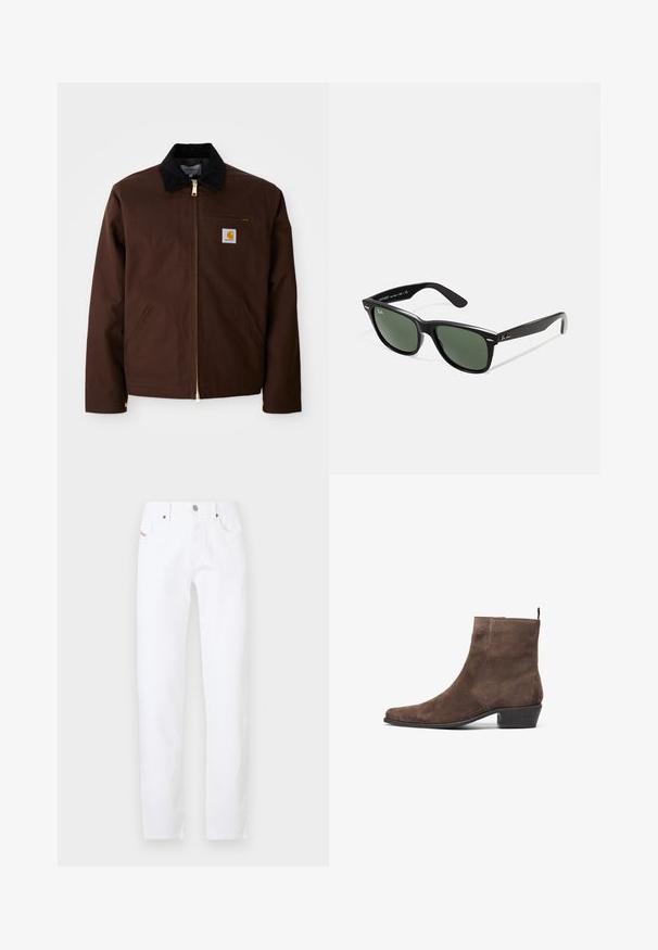 Veste en toile marron avec une fermeture éclair dorée, un col en velours côtelé, une poche sur la poitrine gauche avec un patch logo et des poches latérales avec des fermetures éclair cachées.; T-shirt gris à manches courtes, en tissu léger et doux. Ourlet droit, design classique à col rond, et texture chinée subtile.; Jeans en denim blanc avec une coupe straight-leg, présentant un design classique à cinq poches et une fermeture à bouton métallique. Style minimaliste sans motifs.; Bottine en daim marron avec un bout pointu, un petit talon carré et une boucle à l'arrière pour un enfilage facile. Texture lisse et design simple.; Lunettes de soleil en plastique noir avec verres verts, monture carrée, accent argenté sur le sourcil et branches texturées. Marque indiquée sur l'intérieur de la branche.