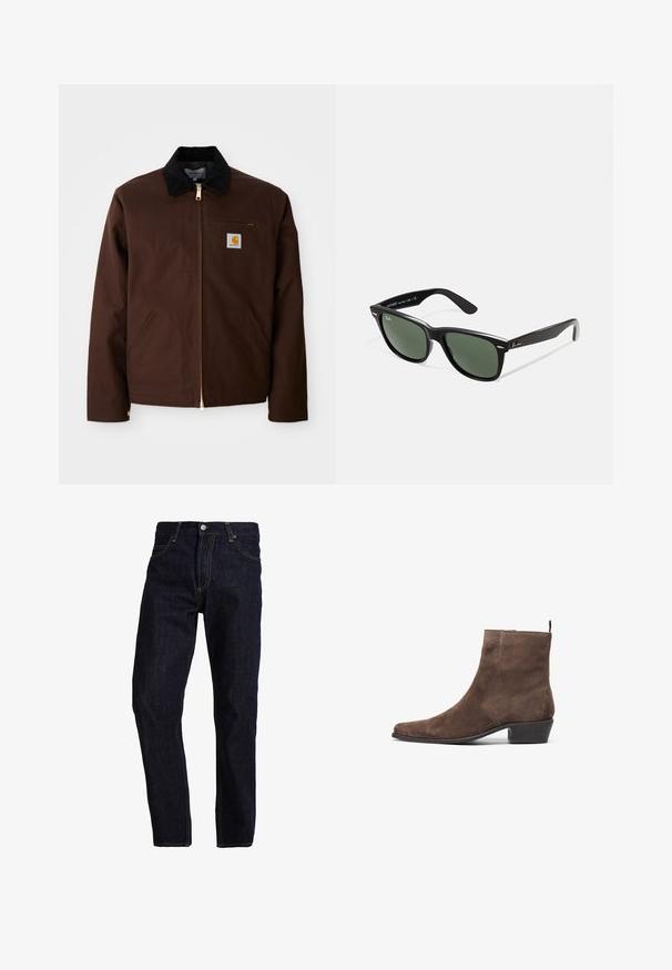 Hnědá plátěná bunda s kovovým zipem, kordurovým límcem, kapsou na levé hrudi se štítkem s logem a bočními kapsami se skrytými zipy.; Šedé tričko s krátkým rukávem vyrobené z jemné, lehké látky. Rovný lem, klasický design s kulatým výstřihem a jemná melírovaná textura.; Tmavě modré džíny z denimu s rovný střih, se žlutým prošíváním, pěti kapsami a klasickým zapínáním na knoflík a zip.; Hnědé sukové kotníkové boty s špičatou špičkou, nízkým blokovým podpätkem a poutkem na zadní straně pro snadné obouvání. Hladká textura a jednoduchý design.; Černé plastové sluneční brýle se zelenými skly, čtvercové obroučky, stříbrný detail na obočí a texturované stranice. Značka uvedená na vnitřní straně stranic.