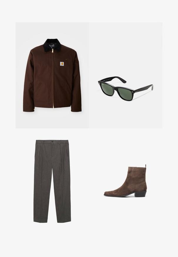 Brązowa kurtka z płótna z złotym zamkiem błyskawicznym, kołnierzem z sztruksu, lewą kieszenią na klatkę piersiową z naszywką logo oraz bocznymi kieszeniami z ukrytymi zamkami.; Szara koszulka z krótkim rękawem, wykonana z miękkiego, lekkiego materiału. Prosty krój dolnej krawędzi, klasyczny dekolt typu crew neck oraz subtelna tekstura melanżowa.; Szare, dopasowane spodnie wykonane z teksturowanej tkaniny. Posiadają zapięcie na guzik, dwie kieszenie z przodu oraz prostą nogawkę.; Brązowy zamszowy botek sięgający kostki z wysmuklonym noskiem, niskim blokowym obcasem i pętelką z tyłu, ułatwiającą zakładanie. Gładka tekstura i prosty design.; Czarne plastikowe okulary przeciwsłoneczne z zielonymi szkłami, kwadratowe oprawki, srebrny akcent na brwi oraz fakturowane ramiona temple. Nazwa marki podana na wewnętrznej stronie ramion.
