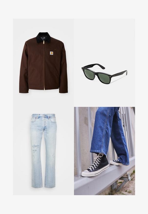 Chaqueta de lona marrón con cremallera dorada, cuello de pana, bolsillo en el pecho izquierdo con parche de logo y bolsillos laterales con cremalleras ocultas.; Camiseta gris de manga corta, hecha de un tejido suave y ligero. Con dobladillo recto, diseño clásico de cuello redondo y una sutil textura jaspeada.; Pantalones vaqueros de mezclilla azul claro con un corte recto, que presentan parches desgastados y dobladillos deshilachados. Desvanecimientos sutiles y acentos de herrajes clásicos.; Zapatillas de deporte negras de caña alta con suela y cordones blancos, combinadas con unos vaqueros de denim azul holgados, apoyadas en una barandilla gris.; Gafas de sol de plástico negro con lentes verdes, montura cuadrada, acento plateado en la ceja y brazos texturizados. Marca indicada en el brazo interno.