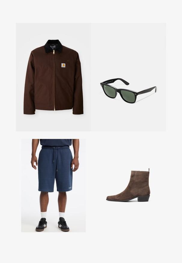 Braune Canvas-Jacke mit goldener Reißverschluss, Cordkragen, linke Brusttasche mit Logo-Patch und seitlichen Taschen mit verdeckten Reißverschlüssen.; Graues kurzärmliges T-Shirt aus einem weichen, leichten Stoff. Gerader Saum, klassisches Rundhalsausschnitt-Design und dezente Melange-Textur.; Navyblaue Baumwollshorts mit einem elastischen Bund, Kordelzug, Seitentaschen und "GUESS"-Logo am vorderen Saum.; Braune Wildleder-Stiefelette mit spitzem Kopf, niedrigem Blockabsatz und einer Anziehhilfe an der Rückseite für ein einfaches An- und Ausziehen. Glatte Textur und schlichtes Design.; Schwarze Plastiksonnenbrille mit grünen Gläsern, quadratischen Rahmen, silbernem Akzent auf der Augenbraue und strukturierten Bügeln. Angegebene Marke auf dem inneren Bügel.