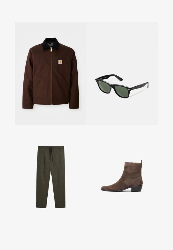 Brązowa kurtka z płótna z złotym zamkiem błyskawicznym, kołnierzem z sztruksu, lewą kieszenią na klatkę piersiową z naszywką logo oraz bocznymi kieszeniami z ukrytymi zamkami.; Szara koszulka z krótkim rękawem, wykonana z miękkiego, lekkiego materiału. Prosty krój dolnej krawędzi, klasyczny dekolt typu crew neck oraz subtelna tekstura melanżowa.; Massimo Dutti - Spodnie materiałowe; Brązowy zamszowy botek sięgający kostki z wysmuklonym noskiem, niskim blokowym obcasem i pętelką z tyłu, ułatwiającą zakładanie. Gładka tekstura i prosty design.; Czarne plastikowe okulary przeciwsłoneczne z zielonymi szkłami, kwadratowe oprawki, srebrny akcent na brwi oraz fakturowane ramiona temple. Nazwa marki podana na wewnętrznej stronie ramion.