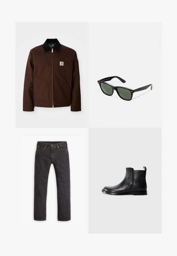 Brown canvas jacket featuring a gold zipper, corduroy collar, left chest pocket with logo patch, and side pockets with concealed zippers.; Long-sleeve, ribbed top in dark green, featuring a crew neckline and straight hem. Made of soft fabric, with minimal seams and no visible patterns.; Black straight-leg denim jeans with five pockets, button closure, and copper rivets laid flat on a white background.; Black leather ankle boot with rounded toe, elastic side panels, and a textured back. Features a flat rubber sole and pull tab.; Black plastic sunglasses with green lenses, square frames, silver accent on the brow, and textured temple arms. Stated brand on inner arm.