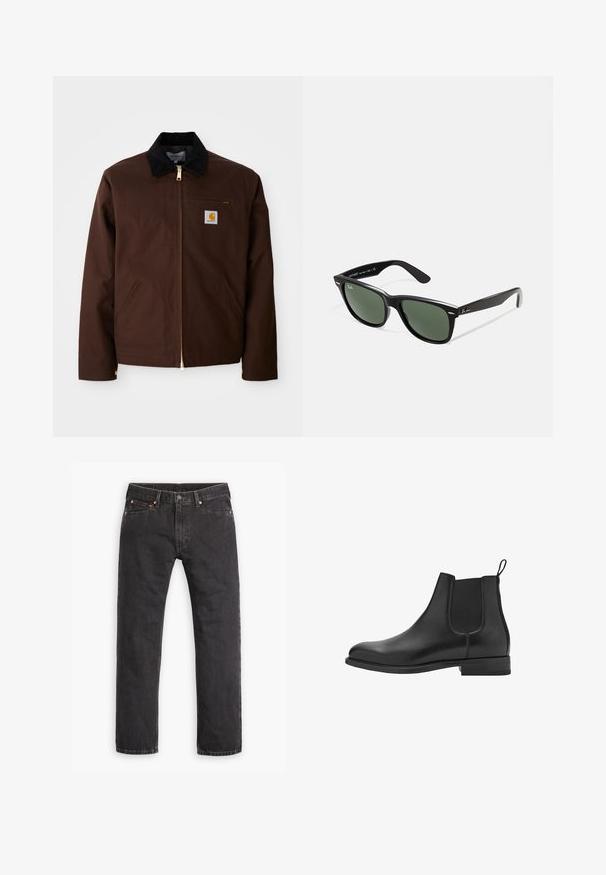 Giacca in tela marrone con zip dorata, colletto in corduroy, tasca sul petto a sinistra con patch del logo e tasche laterali con zip nascoste.; Maglione a maniche lunghe, a coste, di colore verde scuro, con scollatura a girocollo e orlo dritto. Realizzato in tessuto morbido, con cuciture minime e senza motivi visibili.; Jeans in denim nero a gamba dritta con cinque tasche, chiusura a bottone e rivetti in rame, disposti su uno sfondo bianco.; Stivali Chelsea in pelle nera con pannelli laterali elastici, punta arrotondata e tacco basso a blocco. Texture liscia e design pulito e minimalista.; Occhiali da sole in plastica nera con lenti verdi, montatura quadrata, dettaglio argento sulla parte superiore e steli con texture. Marchio indicato sulla parte interna dello stelo.