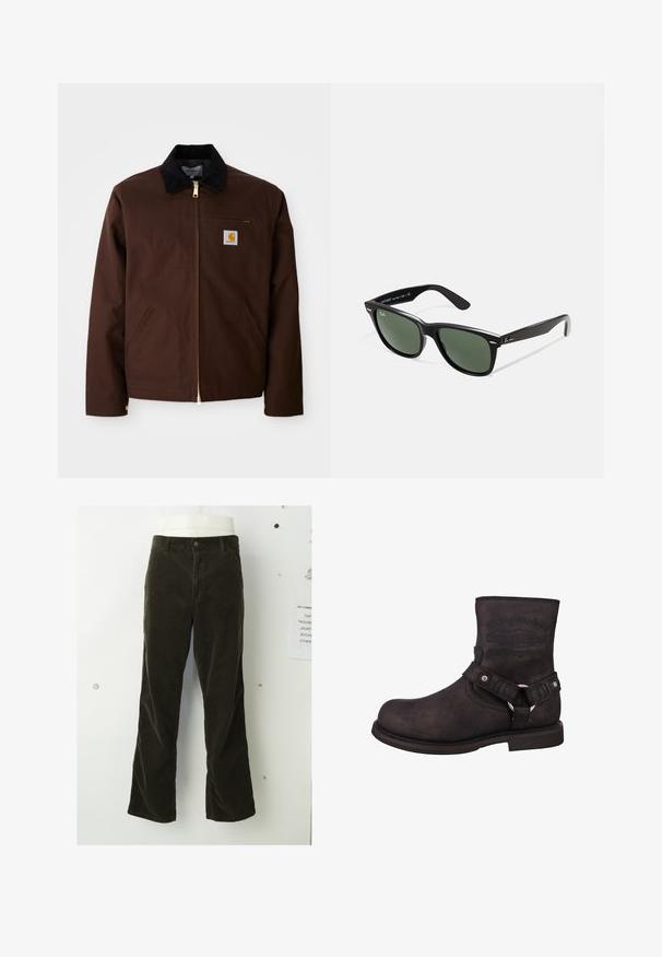 Bruine canvas jas met een gouden rits, corduroy kraag, een borstzak aan de linkerkant met logo patch, en zijzakken met verborgen ritsen.; Lange mouwen, geribbelde top in donkergroen, met een ronde halslijn en rechte zoom. Gemaakt van zachte stof, met minimale naden en geen zichtbare patronen.; Bruine corduroy broek heeft een uitlopende stijl, verticale ribbeltextuur, een sluiting met knopen aan de voorkant en standaardzakken.; Zwarte leren motorlaars met een ronde neus, enkelhoogte en zichtbare branding. Voorzien van een riem met een metalen ring en accenten van zilverkleurig hardware.; Zwarte plastic zonnebril met groene lenzen, vierkante montuur, zilveren accent op de wenkbrauw en een gestructureerde tempel. Merken vermeld op de binnenkant van de arm.