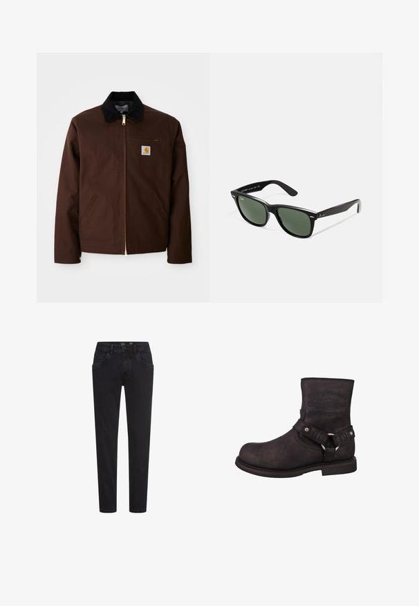 Brun canvasjakke med en gylden lynlås, fløjlskrage, venstre brystlomme med logo-patch og sidelommer med skjulte lynlåse.; Langærmet, ribbet top i mørkegrøn med rund halsudskæring og lige kant. Fremstillet af blødt stof med minimale sømme og ingen synlige mønstre.; Sorte denim jeans med slim fit, der har forlommer, lynlås og en glat tekstur. Klassisk fem-lomme design, alsidig til afslappet brug.; Sort læder motorcykelstøvle med en rund tå, ankelhøjde og synlig branding. Har et bælte med en metalring og sølv hardware detaljer.; Sorte plastiksolkaber med grønne linser, firkantede stel, sølvaccent på brynene og teksturerede templede arme. Angivet mærke på den indre arm.