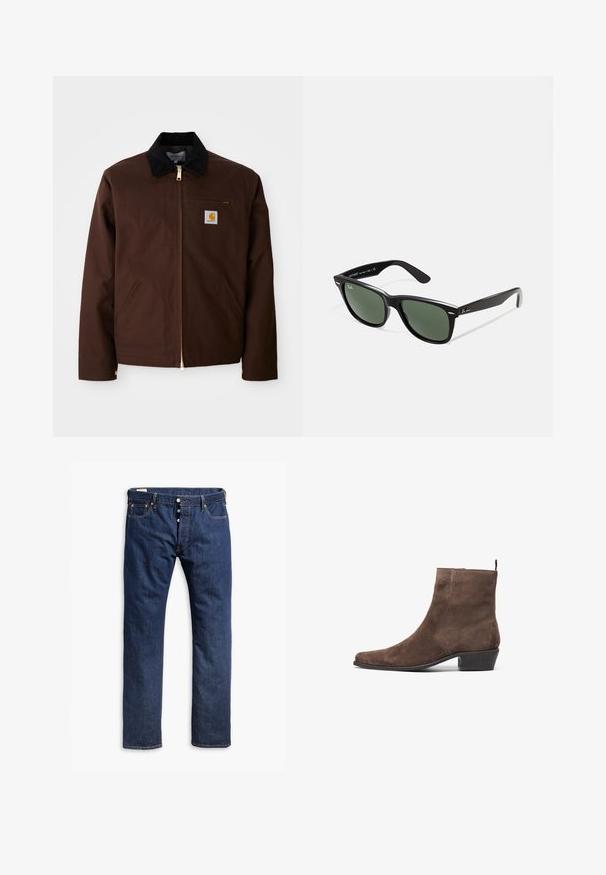 Chaqueta de lona marrón con cremallera dorada, cuello de pana, bolsillo en el pecho izquierdo con parche de logo y bolsillos laterales con cremalleras ocultas.; Top de manga larga de canalé en verde oscuro, con escote redondo y dobladillo recto. Fabricado en una tela suave, con costuras mínimas y sin patrones visibles.; Jeans de mezclilla azul oscuro con un diseño de pierna recta, costuras en contraste, cierre de botón y estilo de cinco bolsillos.; Botín de ante marrón con punta afilada, tacón bajo y un bucle en la parte trasera para facilitar el calzado. Textura suave y diseño simple.; Gafas de sol de plástico negro con lentes verdes, montura cuadrada, acento plateado en la ceja y brazos texturizados. Marca indicada en el brazo interno.