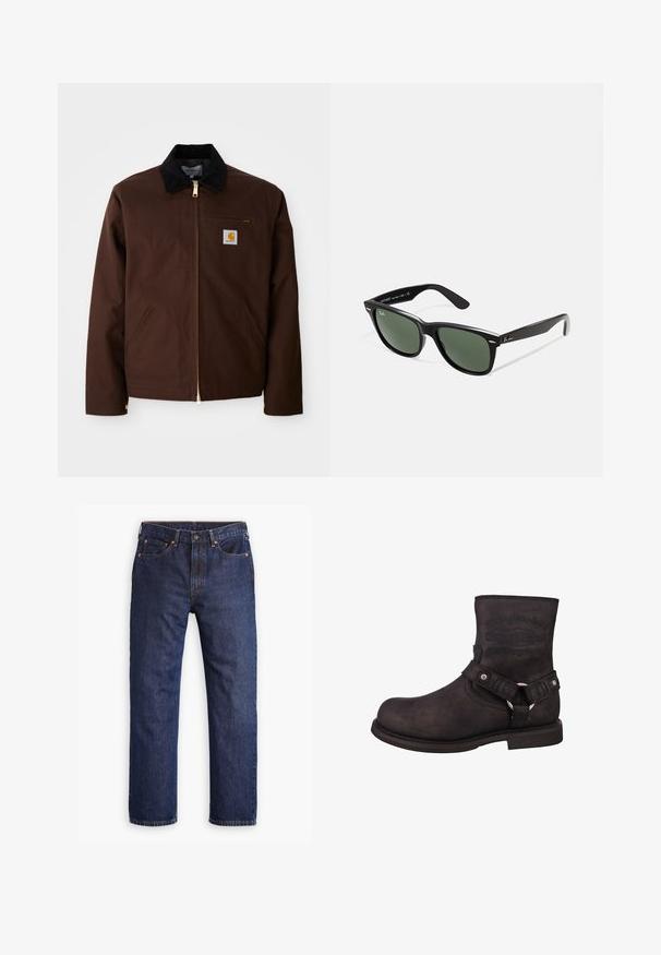 Bruine canvas jas met een gouden rits, corduroy kraag, een borstzak aan de linkerkant met logo patch, en zijzakken met verborgen ritsen.; Lange mouwen, geribbelde top in donkergroen, met een ronde halslijn en rechte zoom. Gemaakt van zachte stof, met minimale naden en geen zichtbare patronen.; Donkerblauwe straight-leg denim jeans met een voorste knoop, ritsopening, vijf zakken en koperen klinknageldetails.; Zwarte leren motorlaars met een ronde neus, enkelhoogte en zichtbare branding. Voorzien van een riem met een metalen ring en accenten van zilverkleurig hardware.; Zwarte plastic zonnebril met groene lenzen, vierkante montuur, zilveren accent op de wenkbrauw en een gestructureerde tempel. Merken vermeld op de binnenkant van de arm.