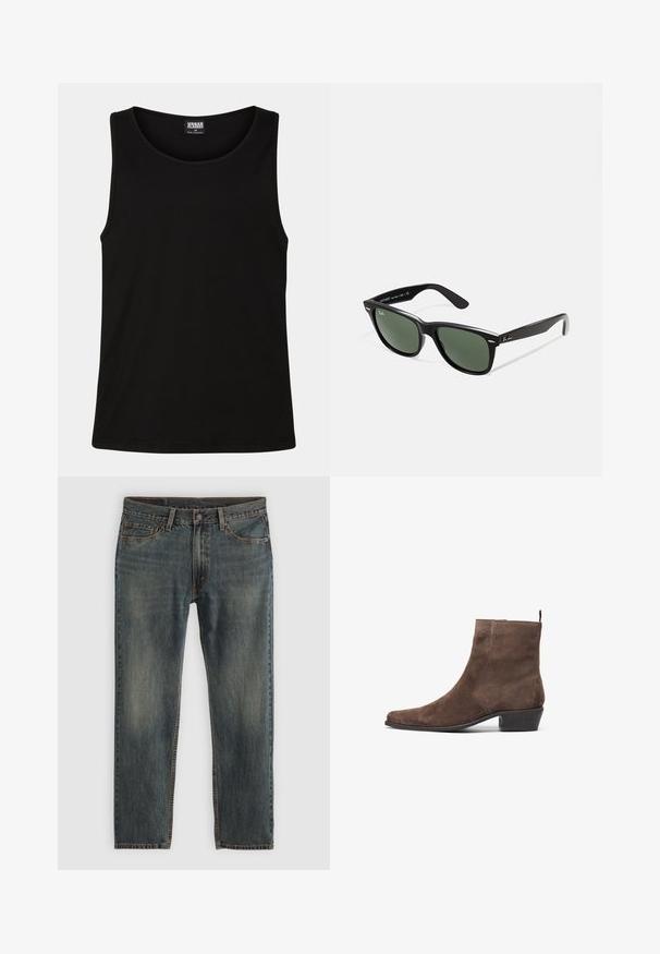 Barna vászon dzseki arany cipzárral, kordbársony gallérral, bal melletti zsebbel márkázott folttal, és rejtett cipzáros oldalzsebekkel.; Fekete ujjatlan felső puha pamut anyagból. Kerek nyakkivágással és széles karöltőkkel rendelkezik, látható minták vagy díszítések nélkül.; Kék farmernadrág egyenes lábdesignnal, klasszikus öt zsebes stílussal, varrási részletekkel és enyhén kopott felülettel.; Barna velúr bokacsizma hegyes orral, alacsony blokk sarkal és háttal ellátott húzófüllel a könnyű felvétel érdekében. Sima textúrával és egyszerű dizájnnal rendelkezik.; Fekete műanyag napszemüveg zöld lencsékkel, négyzet alakú kerettel, ezüst díszítéssel a keret felső részén, valamint texturált szárakkal. A márka neve a belső száron található.
