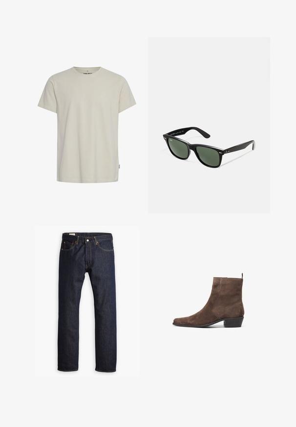 Brun canvasjakke med en gylden lynlås, fløjlskrage, venstre brystlomme med logo-patch og sidelommer med skjulte lynlåse.; Lys beige bomulds t-shirt med rund hals og korte ærmer. Har et lille logo på brystet og en lige kant. Glat tekstur.; Mørkeblå denimjeans med lige ben, orange syninger og fem lomme-design med metalspænde.; Brune suede ankelstøvle med spidse tå, lav blok hæl og en løkke bagpå for nem påklædning. Glat tekstur og enkelt design.; Sorte plastiksolkaber med grønne linser, firkantede stel, sølvaccent på brynene og teksturerede templede arme. Angivet mærke på den indre arm.