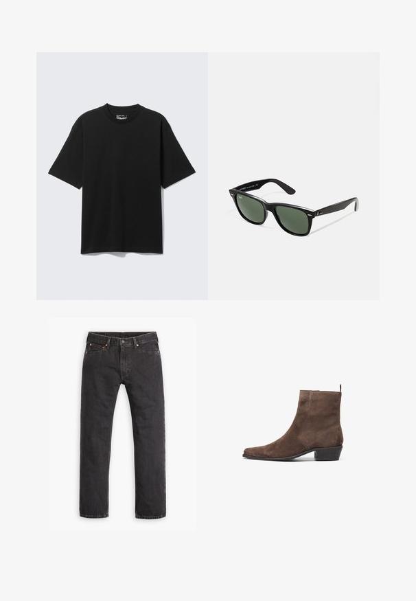 Brown canvas jacket featuring a gold zipper, corduroy collar, left chest pocket with logo patch, and side pockets with concealed zippers.; Black cotton t-shirt with short sleeves, crew neck, and a relaxed fit. The fabric has a smooth texture with no visible patterns or accents.; Black straight-leg denim jeans with five pockets, button closure, and copper rivets laid flat on a white background.; Brown suede ankle boot with a pointed toe, low block heel, and a pull loop at the back for easy wear. Smooth texture and simple design.; Black plastic sunglasses with green lenses, square frames, silver accent on the brow, and textured temple arms. Stated brand on inner arm.