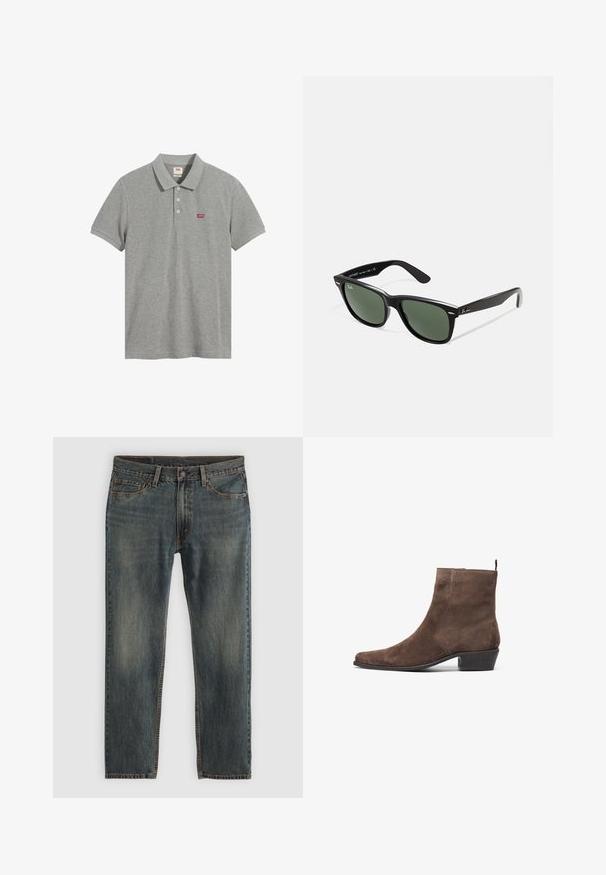 Ruda drobės striukė su auksiniu užtrauktuku, šoniniu kištuku iš veliūro, kairiu krūtinės kišeniu su logotipu ir šoniniais kišeniais su paslėptais užtrauktukais.; Pilkos spalvos polo marškiniai, pagaminti iš medvilnės, su klasikiniais apykaklėmis, trimis mygtukais ir raudona logo kairiajame krūtinės šone. Trumpomis rankovėmis ir laisvu siluetu.; Mėlynos džinsinės kelnės su tiesiu sijonu, turinčios klasikinį penkių kišenių dizainą, siuvinėjimo akcentus ir šiek tiek išblukusį paviršių.; Rudos suede mediciniai batai iki kulkšnies su smailiu priekiniu gale, žemu blokiniu kulnu ir kilpa gale, skirta lengvam užsidėjimui. Lygi tekstūra ir paprastas dizainas.; Juodi plastikiniai saulės akiniai su žaliais objektyvais, kvadratiniais rėmeliais, sidabriniu akcentu ant antakio ir tekstūruotais šventyklų šakutėmis. Vidinėje šakutėje nurodyta prekės ženklo pavadinimas.
