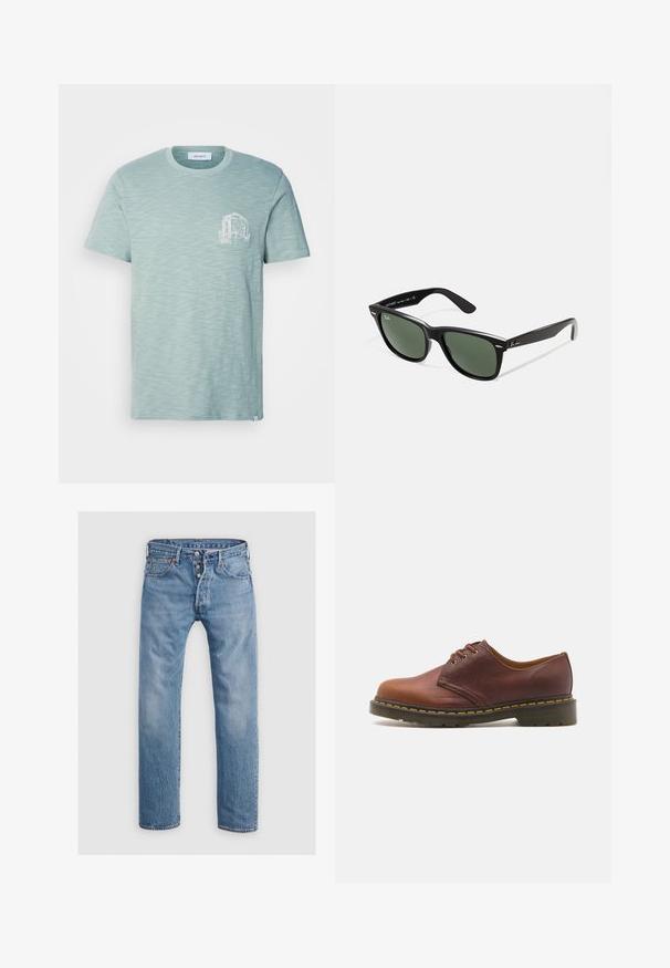 Ruda drobės striukė su auksiniu užtrauktuku, šoniniu kištuku iš veliūro, kairiu krūtinės kišeniu su logotipu ir šoniniais kišeniais su paslėptais užtrauktukais.; Šviesiai žalia trumpomis rankovėmis marškinėliai, pagaminti iš minkštos medžiagos, su tekstūruotu raštu ir mažu baltu spaudiniu kairėje krūtinės pusėje.; Šviesiai mėlyni džinsai su tiesia kojų konstrukcija, penkiomis kišenėmis ir mygtukų užsegimu. Savybėse yra subtilus išblukimas ir siuvimo akcentai.; Rudos odinės batai su lygia apdaila, apvaliu galiuku ir penkiais akeliais raišteliams. Įrengta geltona siuvinėjimas prie pado ir tekstūruotas kulnas.; Juodi plastikiniai saulės akiniai su žaliais objektyvais, kvadratiniais rėmeliais, sidabriniu akcentu ant antakio ir tekstūruotais šventyklų šakutėmis. Vidinėje šakutėje nurodyta prekės ženklo pavadinimas.; Tamsiai žalias šalikas, pagamintas iš minkštos medžiagos, su švariu dizainu ir sušukuotais kraštais, suteikiančiais papildomą tekstūrą.