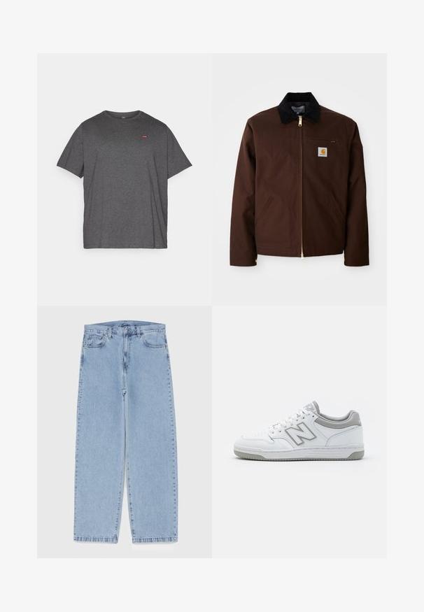 Jachetă din pânză maro, cu fermoar aurie, guler din catifea, buzunar pe pieptul stâng cu o aplicație logo și buzunare laterale cu fermoare ascunse.; Levi's® Plus BIG ORIGINAL TEE - Tricou basic - dark charcoal heather; Jeans din denim de culoare albastru deschis, cu un design cu picioare drepte, având talie medie, cinci buzunare și un sistem de închidere cu nasture și fermoar.; Adidași din piele albă cu accente gri, având o zonă perforată la vârful pantofului, șireturi plate și o talpă cu model. Logo-ul New Balance pe lateral.