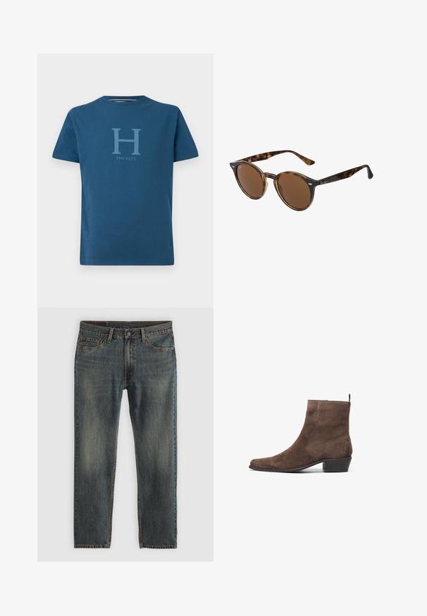 Hnědá plátěná bunda s kovovým zipem, kordurovým límcem, kapsou na levé hrudi se štítkem s logem a bočními kapsami se skrytými zipy.; Modrá bavlněná tričko s kulatým výstřihem a krátkými rukávy, s světle modrým logem "H" a slovem "Hackett" vytištěným pod ním.; Modré džíny z denimové látky se střihovým návrhem rovného nohavice, v klasickém pětikošilkovém stylu, s akcenty prošití a mírně vybledlým povrchem.; Hnědé sukové kotníkové boty s špičatou špičkou, nízkým blokovým podpätkem a poutkem na zadní straně pro snadné obouvání. Hladká textura a jednoduchý design.; Kulaté sluneční brýle s rámem z želvoviny, hnědými skly a kovovými detaily v přední části. Úzké nožičky s lesklým povrchem.