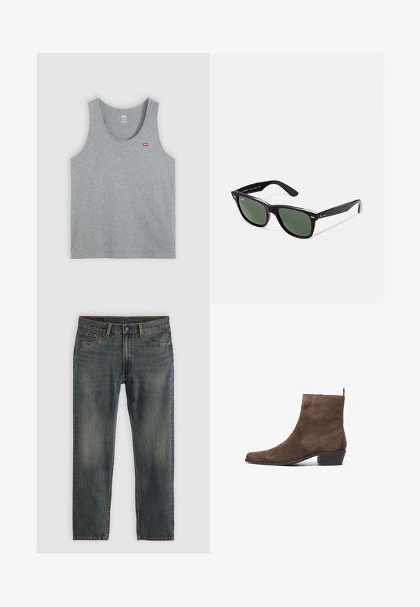 Brun kanvasjakke med gullglidelås, kordfløyelskrage, venstre brystlomme med logo-patch, og sidelommer med skjulte glidelåser.; Grå bomullstank topp med rund halslinning og brede armhull. Har en liten rød Levi's-logo på øvre venstre side.; Blå denimjeans med rett bendesign, som har en klassisk fem-lommers stil, sømdetaljer og en lett falmet finish.; Brune semsket ankelstøvel med spiss tå, lav blokkheel, og en pull-loop bak for enkel påkledning. Glatt tekstur og enkelt design.; Sorte plast-solbriller med grønne linser, firkantede rammer, sølvdetalje på brynene, og teksturerte stangarmen. Angitt merke på indre arm.