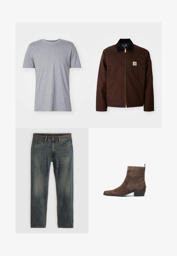 Hnědá plátěná bunda s kovovým zipem, kordurovým límcem, kapsou na levé hrudi se štítkem s logem a bočními kapsami se skrytými zipy.; Šedé tričko s krátkým rukávem vyrobené z bavlněné směsi, s klasickým kulatým výstřihem a hladkou, jemnou texturou.; Modré džíny z denimové látky se střihovým návrhem rovného nohavice, v klasickém pětikošilkovém stylu, s akcenty prošití a mírně vybledlým povrchem.; Hnědé sukové kotníkové boty s špičatou špičkou, nízkým blokovým podpätkem a poutkem na zadní straně pro snadné obouvání. Hladká textura a jednoduchý design.