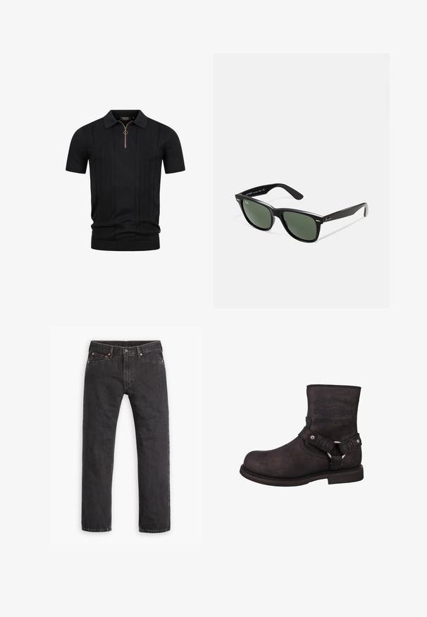 Chaqueta de lona marrón con cremallera dorada, cuello de pana, bolsillo en el pecho izquierdo con parche de logo y bolsillos laterales con cremalleras ocultas.; Polo de punto negro de manga corta con rayas verticales texturizadas y un media cremallera con un tirador redondo en el cuello.; Jeans de mezclilla negros de pierna recta con cinco bolsillos, cierre de botón y remaches de cobre, dispuestos en plano sobre un fondo blanco.; Bota de motocicleta de cuero negro con punta redondeada, altura hasta el tobillo y marca visible. Cuenta con una correa con un anillo metálico y acentos de hardware plateado.; Gafas de sol de plástico negro con lentes verdes, montura cuadrada, acento plateado en la ceja y brazos texturizados. Marca indicada en el brazo interno.