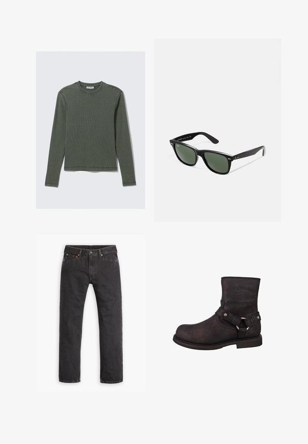 Braune Canvas-Jacke mit goldener Reißverschluss, Cordkragen, linke Brusttasche mit Logo-Patch und seitlichen Taschen mit verdeckten Reißverschlüssen.; Langärmliges, geripptes Oberteil in Dunkelgrün mit Rundhalsausschnitt und geradem Saum. Hergestellt aus weichem Stoff, mit minimalen Nähten und ohne erkennbare Muster.; Schwarze gerade geschnittene Jeans aus Denim mit fünf Taschen, Knopfverschluss und Kupfernieten auf einem weißen Hintergrund flach ausgelegt.; Schwarzer Leder-Motorradstiefel mit runder Zehenform, Knöchelhöhe und sichtbarem Branding. Verfügt über einen Riemen mit einem Metallring und silbernen Hardware-Akzenten.; Schwarze Plastiksonnenbrille mit grünen Gläsern, quadratischen Rahmen, silbernem Akzent auf der Augenbraue und strukturierten Bügeln. Angegebene Marke auf dem inneren Bügel.