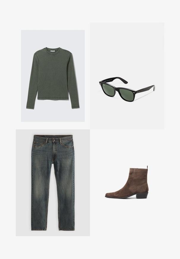 Bruine canvas jas met een gouden rits, corduroy kraag, een borstzak aan de linkerkant met logo patch, en zijzakken met verborgen ritsen.; Lange mouwen, geribbelde top in donkergroen, met een ronde halslijn en rechte zoom. Gemaakt van zachte stof, met minimale naden en geen zichtbare patronen.; Blauwe denim jeans met een rechte pijpontwerp, voorzien van een klassieke vijf-pocket stijl, stikselaccenten en een licht vervaagde afwerking.; Bruine suède enkelboot met een spitse neus, een lage blokhak en een lus aan de achterkant voor gemakkelijk aan- en uittrekken. Gladde textuur en eenvoudig ontwerp.; Zwarte plastic zonnebril met groene lenzen, vierkante montuur, zilveren accent op de wenkbrauw en een gestructureerde tempel. Merken vermeld op de binnenkant van de arm.