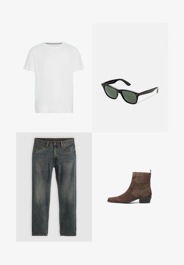 Giacca in tela marrone con zip dorata, colletto in corduroy, tasca sul petto a sinistra con patch del logo e tasche laterali con zip nascoste.; T-shirt bianco in cotone con colletto a girocollo, maniche corte e una tasca sul petto. Presenta un sottile motivo a spina di pesce sul collo interno.; Jeans in denim blu con un design a gamba dritta, caratterizzati da uno stile classico a cinque tasche, dettagli di cucitura e una finitura leggermente sbiadita.; Stivale alla caviglia in suede marrone con punta affusolata, tacco basso a blocco e un anello sul retro per una facile vestibilità. Texture liscia e design semplice.; Occhiali da sole in plastica nera con lenti verdi, montatura quadrata, dettaglio argento sulla parte superiore e steli con texture. Marchio indicato sulla parte interna dello stelo.