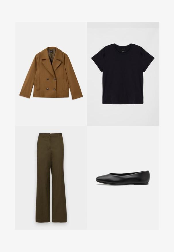 Brown double-breasted wool blazer with wide lapels, two front pockets, and four dark buttons, laid flat on white background.; Black short-sleeve t-shirt made of soft cotton. Classic round neck design with a simple, unembellished surface and a relaxed fit.; Olive green, wide-leg trousers made of cotton blend fabric. Features a front button closure, belt loops, and two side pockets.; Paul Smith TOPANGA - Ballet pumps - black