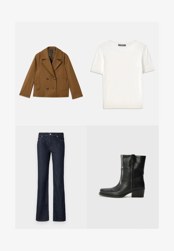 Smeđi dvostruki kaput od vune s širokim reverima, dvije prednje džepove i četiri tamna dugmeta, postavljen ravno na bijeloj pozadini.; Bijela kratkotrajna pletena majica s kratkim rukavima i okruglim izrezom, koja se odlikuje glatkom teksturom i suptilnim rebrastim detaljima na rukavima i rubu.; Tamno plave traperice s oblikom koji se širi prema dnu, dizajn s pet džepova i kontrastnim narančastim šavovima duž šavova i džepova.; Crne kožne čizme do članaka s okruglim vrhom, blok potpeticom, bočnim patentnim zatvaračem i detaljima od šavova na gornjem dijelu. Glatka tekstura, klasičan dizajn.