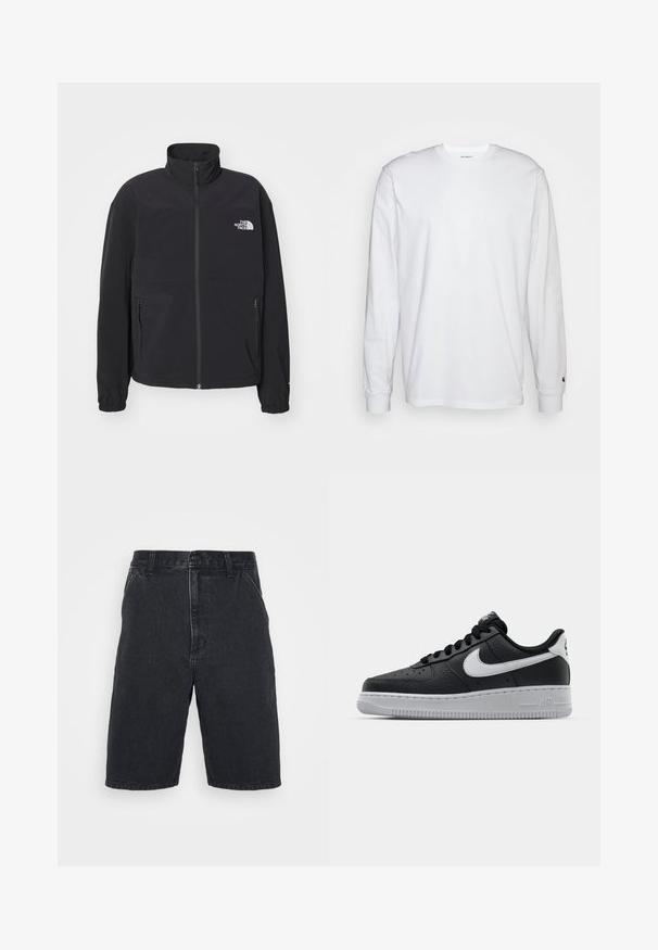 Musta pitkähihaiset takki, joka on valmistettu kevyestä kankaasta, korkealla kauluksella, vetoketjukiinnityksellä ja kahdella sivutaskulla, rinnassa logo.; Valkoinen pitkähihainen t-paita, joka on valmistettu puuvillasta. Pyöreä kaula-aukko, jossa on resorikujat ja pieni logo vasemmassa hihassa. Tasainen pinta.; Lyhyet mustat farkut suoralla leikkauksella, joissa on nappisuljenta ja kaksi sivutaskua. Epätäydellinen helma, jossa on hienovaraisia haalistumisia.; Musta nahkakengät, joissa on teksturoitu pinta, valkoinen Nike -logo, harmaa pohja, pyöreä kärki ja nauhakiinnitys. Varustettu rei'illä kärkilaatikossa.