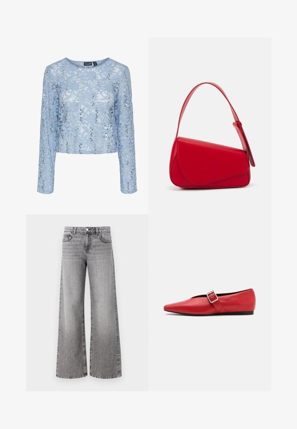 ONLY ONLVIENNA SUEDE COAT - Manteau classique - black; Haut en dentelle bleu clair avec des manches longues, orné de sequins et d'un col rond. Coupé dans un style court pour une allure ajustée.; Jean large en denim gris avec une finition délavée. Comprend des poches classiques et un bouton de fermeture à la taille.; Ballerine en cuir rouge avec une pointe pointue, comportant une lanière sur le côté avec une boucle en métal et un petit talon noir. Texture lisse sur l'ensemble.; Sac à main en cuir rouge avec un design angulaire et géométrique. Il dispose d'une seule sangle ajustable et d'une fermeture à rabat avec un detailing cousu.; Boucles d'oreilles en argent en forme de créoles avec un design torsadé, dotées d'une finition polie et d'une fermeture à poussoir. Mesurent environ 3 cm de diamètre.