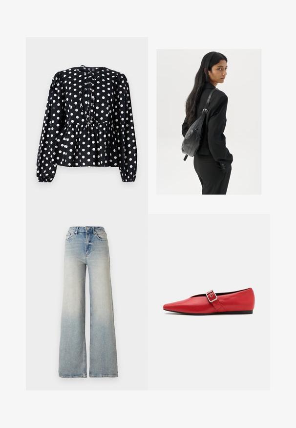 ONLY ONLVIENNA SUEDE COAT - Klasszikus kabát - black; Fekete, hosszú ujjú blúz fehér pöttyökkel, plisszírozott derékrésszel, fodros hátrésszel és gombbal záródó kivágással a nyaknál.; Világoskék, bő szárú farmernadrág, magas derékkal, öt zsebbel és látható varrással az illesztések mentén.; Piros bőr lapostalpú cipő, hegyes orral, oldalsó pánttal és fémből készült csattal, alacsony fekete sarokkal. Sima textúra az egész cipőn.; Hosszú, sötét hajú nő fekete öltönyben, fekete bőrtáskával a vállán, a vállán át néz a fehér háttér előtt.