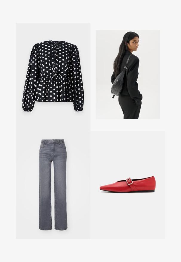 ONLY ONLVIENNA SUEDE COAT - Cappotto classico - black; Blusa nera a maniche lunghe con pois bianchi, caratterizzata da una vita plissettata, uno scollo arricciato e una chiusura a chiave con bottone al collo.; Jeans grigi ampi realizzati in denim con una finitura liscia, dotati di chiusura con bottone e zip, e cinque tasche.; Scarpa piatta in pelle rossa con punta affusolata, dotata di un cinturino laterale con fibbia in metallo e un tacco basso nero. Texture liscia su tutta la superficie.; Donna con lunghi capelli scuri, vestita con un completo nero, che porta una borsa a tracolla in pelle nera, mentre guarda oltre la spalla su uno sfondo bianco.