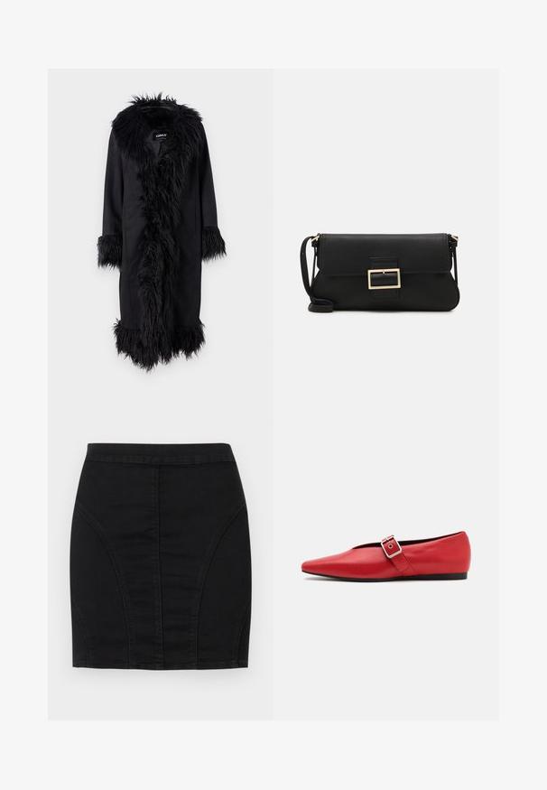 ONLY ONLVIENNA SUEDE COAT - Klassinen takki - black; Valkoinen hihaton toppi, joka on valmistettu ribbikankaasta, ja jossa on pyöreä pääntie ja tiukka siluetti, minimaalisin saumoin ja ilman koristeita.; Mustat farkkuminihame, jossa on istuva malli, strukturoidut paneelit ja näkyvät saumat lisäyksinä. Tasainen pinta ja tyylikäs siluetti.; Punainen nahkainen tasapohjainen kenkä, jossa on terävä kärki, sivuhihna metalli soljella ja matala musta korko. Tasainen pintakäsittely.; Musta nahkainen kynäpenkkilaukku, jossa on läppä ja kultainen metallinen solkiyksityiskohta. Mukana musta hihna ja tyylikäs, minimalistinen muotoilu.; Hope hopea, joissa on kierren muotoilu, kiiltävä pinta ja takana kiinnitettävä suljin. Halkaisija noin 3 cm.