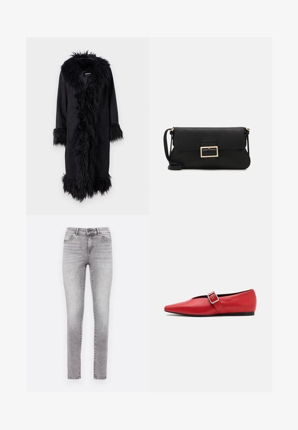ONLY ONLVIENNA SUEDE COAT - Klasszikus kabát - black; Fehér ujjatlan trikó ribbed anyagból, lekerekített nyakkivágással és testhez simuló siluettel, minimális varrásokkal és díszítések nélkül.; Fakó szürke mosású skinny farmernadrág, denim anyagból készült. Gombbal és cipzárral záródik, öt zsebe van és finom kopott hatása van.; Piros bőr lapostalpú cipő, hegyes orral, oldalsó pánttal és fémből készült csattal, alacsony fekete sarokkal. Sima textúra az egész cipőn.; Fekete bőr kézitáska hajtóka részlettel és aranyszínű fém csattal. Tartalmaz egy fekete pántot és egy letisztult, minimális dizájnt.; Ezüst karika fülbevalók csavart kialakítással, fényes felülettel és fülbevaló tűzáras zárással. Átmérőjük körülbelül 3 cm.