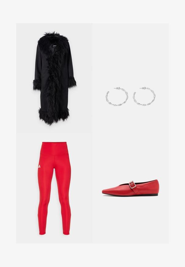 ONLY ONLVIENNA SUEDE COAT - Klassikaline mantel - black; Valge ilma varrukateta T-särk, mis on valmistatud ribakangast, ümarate kaelustega ja kitseneva siluetiga, minimaalse õmbluste ning ilma kaunistusteta.; adidas Performance Jooksupüksid - team power red; Punane nahast lameda tallaga king, millel on terav nina, külje peal rihm metallklambriga ja madal must konts. Ühtlane sile tekstuur.; Hõbedased rõngaskõrvarõngad keerutatud disainiga, millel on poleeritud viimistlus ja posti-tagune sulgemine. Diameeter umbes 3 cm.