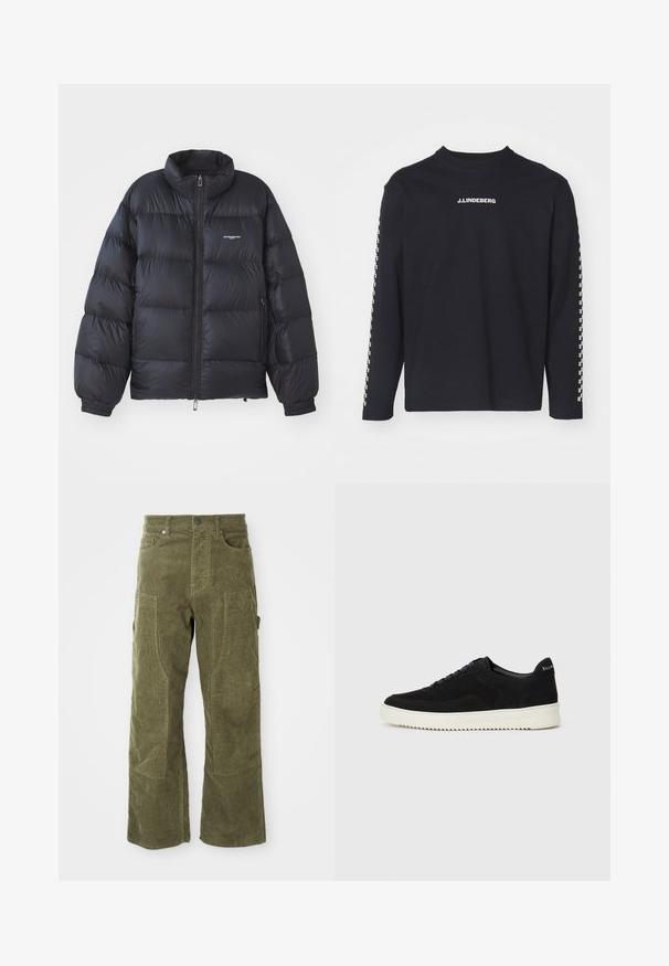 Black puffer jacket featuring a high collar, zip closure, elastic cuffs, and a logo on the chest. Smooth, shiny material with a padded design.; Long-sleeve black T-shirt made from cotton, featuring a crew neckline and J.Lindeberg logo on the chest, with a checkered pattern on sleeves.; Olive green corduroy pants with front and side pockets, reinforced knee panels, and a button and zipper closure.; Black suede sneaker with lace-up design and contrasting white rubber sole. Features textured side panels and subtle branding on the heel.