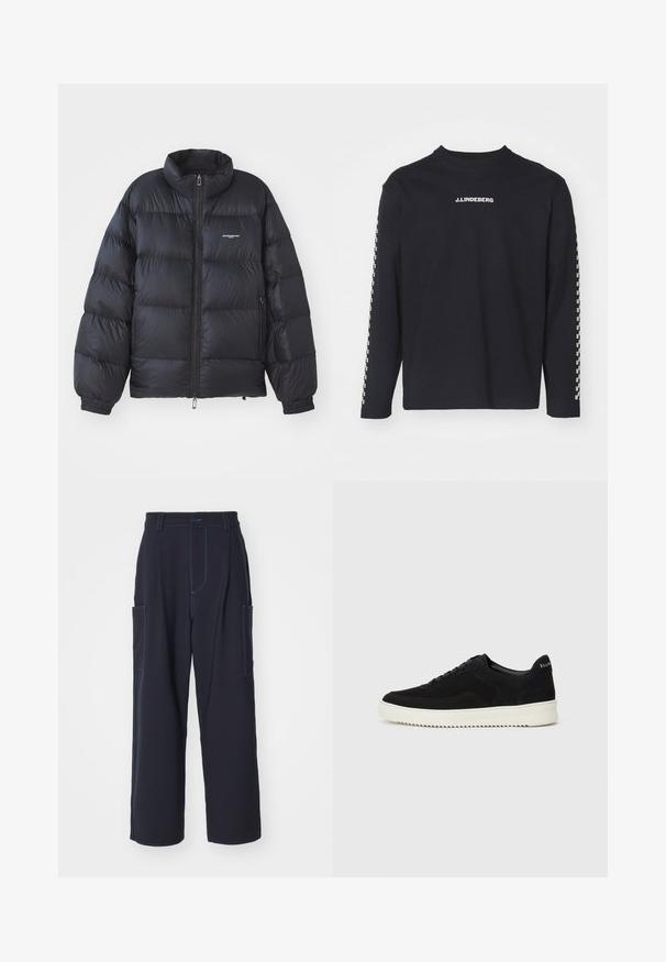 Svart puffjacka med hög krage, dragkedjestängning, elastiska ärmar och en logotyp på bröstet. Slät, glänsande material med vadderad design.; Långärmad svart T-shirt i bomull, med rund halsringning och J.Lindeberg-logotyp på bröstet, samt rutmönster på ärmarna.; Marinblå cargobyxor med blå sömmar, elastisk midja, två sidofickor, rak bendesign och mjukt tyg.; Svarta mockaskor med snörningsdesign och kontrasterande vita gummisulor. Har texturerade sidopaneler och diskret branding på hälen.