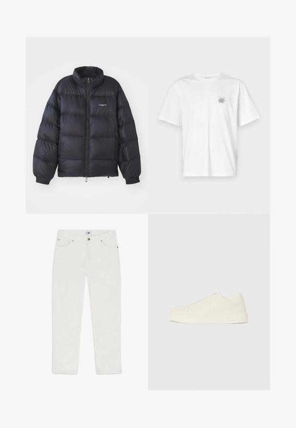 Zwarte pufferjack met een hoge kraag, ritssluiting, elastische manchetten en een logo op de borst. Glad, glanzend materiaal met een gewatteerd ontwerp.; Witte t-shirt van katoen met korte mouwen, een ronde hals, en een klein grijs logo op de linker borstzijde. Soepele textuur.; Witte denim jeans met een rechte pasvorm, vijf-pocket ontwerp en accenten van zilver hardware. Het materiaal heeft een gladde textuur en een eenvoudige stijl.; Lage beige leren sneaker met een ronde neus, minimale stiksels en een zijrits op een witte achtergrond.