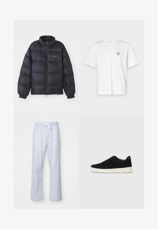 Veste en duvet noire avec col haut, fermeture éclair, poignets élastiques et logo sur la poitrine. Matériau lisse et brillant avec un design rembourré.; T-shirt blanc en coton avec des manches courtes, un col ras du cou et un petit logo gris sur la partie gauche de la poitrine. Texture lisse.; Pantalons de pyjama rayés bleu clair avec une taille élastique et un cordon de serrage. Fabriqués dans un tissu lisse, avec un design décontracté et des jambes droites.; Baskets en daim noir avec un design à lacets et une semelle en caoutchouc blanc contrastant. Comprend des panneaux latéraux texturés et un logo subtil sur le talon.