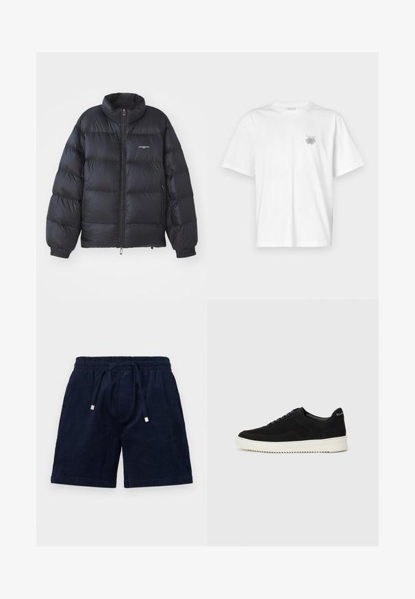 Black puffer jacket featuring a high collar, zip closure, elastic cuffs, and a logo on the chest. Smooth, shiny material with a padded design.; White t-shirt made of cotton featuring short sleeves, a crew neck, and a small gray logo on the left chest area. Smooth texture.; Navy corduroy shorts with an elastic waistband, adjustable drawstring, and golden metal aglets. Features a soft texture and straight cut.; Black suede sneaker with lace-up design and contrasting white rubber sole. Features textured side panels and subtle branding on the heel.