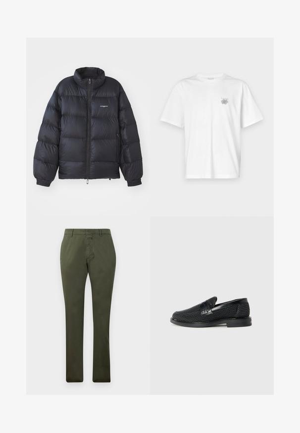 Must must takki, millel on kõrge krae, luku sulgemine, elastsed mansetid ja logo rinnal. Sile, läikiv materjal koos patendatud disainiga.; Valge puuvillane T-särk lühikeste varrukatega, ümmarguse kaelusega ja väike hall logo vasakul rinnaosal. Sile tekstuur.; Oliivrohelised sirged püksid vööpaeltega, ees lukuga ja nupuga kinnitamine, esitatud lihtsal valgel taustal.; Must musta kootud slip-on king, millel on pehme nahast accent ülaserval, ümmargune varvas ja madal profiiliga kummitald.