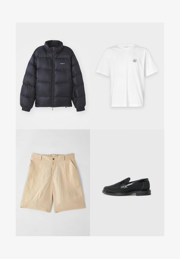 Giacca a vento nera con colletto alto, chiusura con zip, polsini elastici e logo sul petto. Materiale liscio e lucido con un design imbottito.; T-shirt bianca in cotone con maniche corte, colletto tondo e un piccolo logo grigio nella zona sinistra del petto. Texture liscia.; Paul Smith Shorts - sand; Scarpa nera a mocassino intrecciata con un accentuato in pelle liscia sulla parte superiore, design a punta rotonda e suola in gomma a profilo basso.