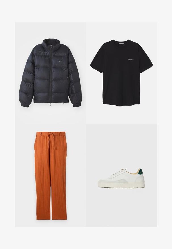 Chaqueta de plumas negra con cuello alto, cierre de cremallera, puños elásticos y un logo en el pecho. Material suave y brillante con un diseño acolchado.; Camiseta de algodón negra con cuello redondo, mangas cortas y un estampado de logo blanco en el lado izquierdo del pecho. Diseño simple y de color sólido.; Pantalones de color óxido hechos de tejido texturizado, con cintura atada y un diseño de pierna recta. Estilo simple y sin adornos.; Zapatilla blanca con acentos de ante, puntera redondeada, cordones planos y suela de goma color crema. Presenta un logo verde en el talón.