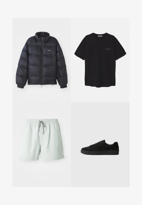 Black puffer jacket featuring a high collar, zip closure, elastic cuffs, and a logo on the chest. Smooth, shiny material with a padded design.; Black cotton T-shirt with a crew neck, short sleeves, and a white logo print on the left chest. Simple, solid color design.; Light green swim shorts with an elastic waistband, adjustable drawstring, and side pockets. Smooth texture, above-knee length.; Black suede sneaker with a flat, textured sole, rounded toe, six eyelets for laces, and a minimalist design.